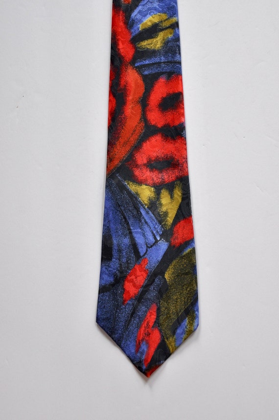 Abstract 80s Red Black Blue Silk Tie by Dino, Uniq