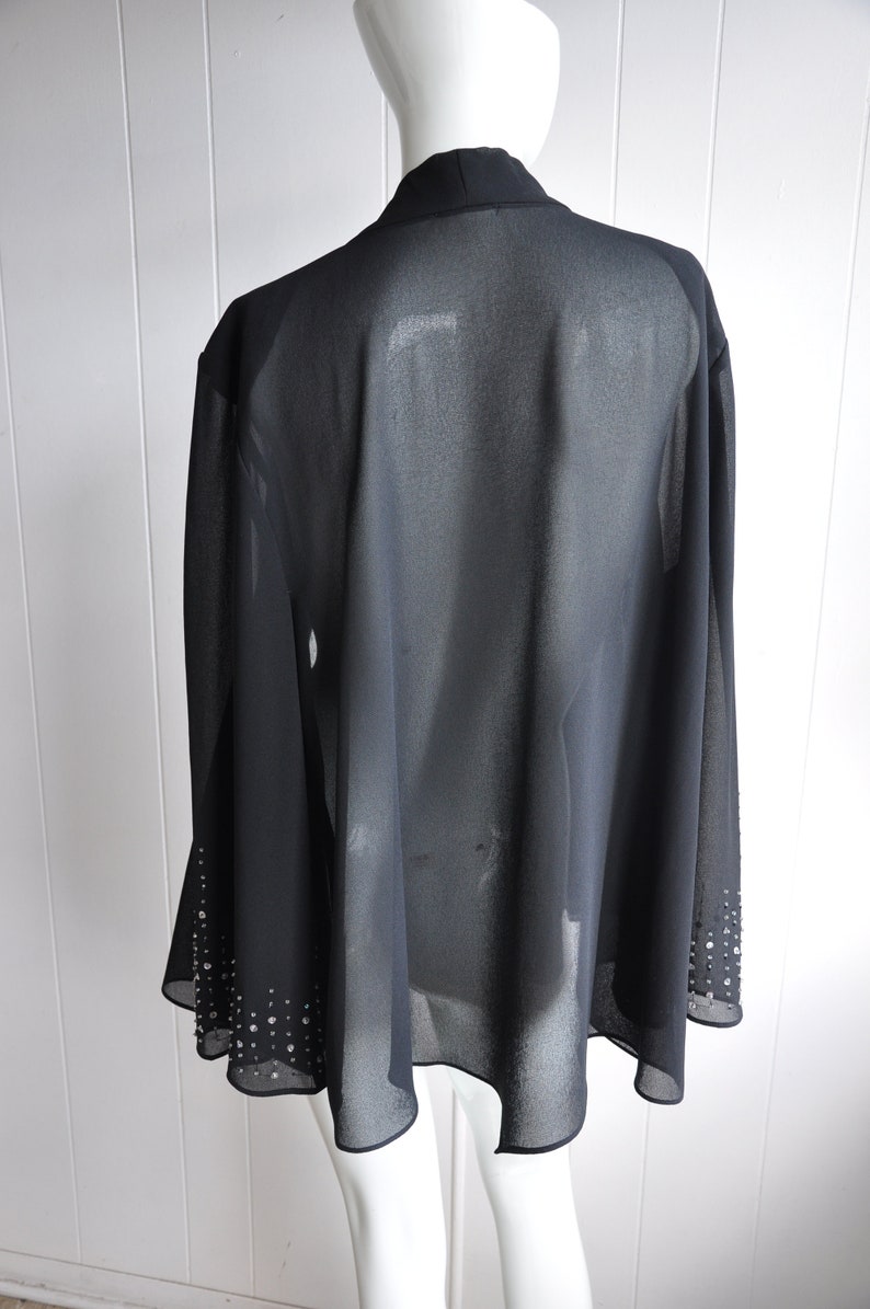 Semi-Sheer Black Open Blouse w/ Sequined Sleeves, R & M Richards, Size Large, Noir, Goth, Performance, Symphony, Elegant, Black Cardigan image 2