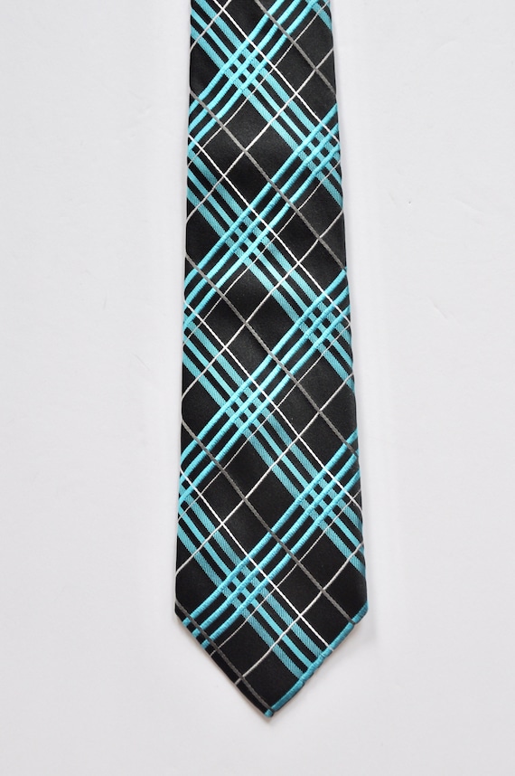 Express Turquoise Electric Blue Plaid & Black Tie,