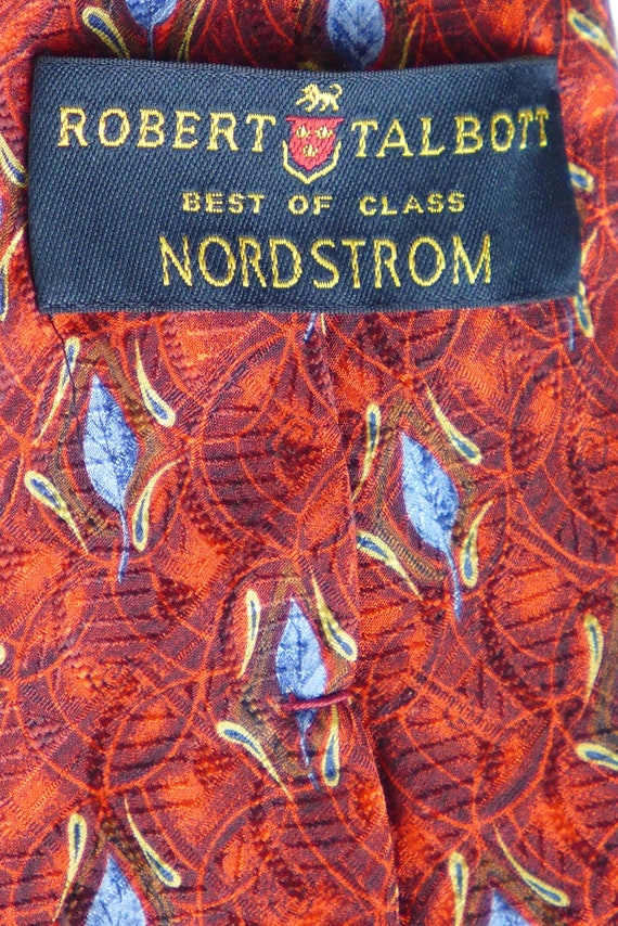 90s Red Silk Tie w/ Blue Leaves, Nordstrom Silk N… - image 2