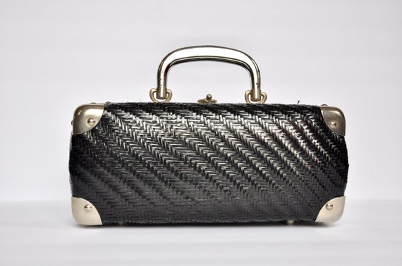 1960s Black Straw Luggage Box Purse, Made in Italy