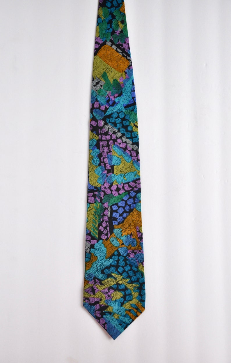 Psychedelic Hippy Martin Wong 100/% Silk Abstract Color Block Bohemian Tie 1980s 1990s UrbanStreetwearHip HopMustard Turquoise Pink