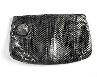 Black Leather Snakeskin Purse w/ Rosebud by Charles Klein, 1970s 1980s, Noir/Pinup/Formal/Simple/Minimalist/Clutch/Zipper Purse Makeup Bag