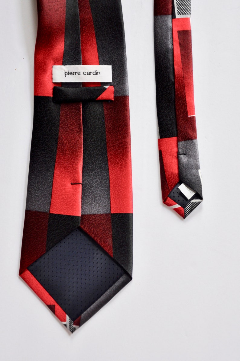 Pierre Cardin Abstract Geometric Rectangle Red Black & White Silk Tie, Vintage Menswear, Designer Tie, Holiday Christmas, Gift for Him Boss image 3