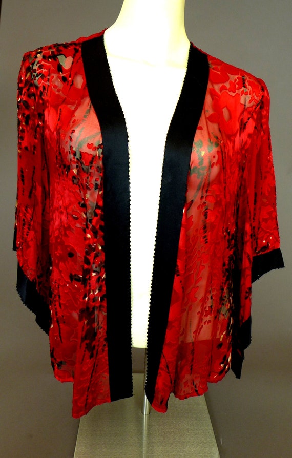 Silk Red and Black Sheer Beaded Top Embossed/Shawl