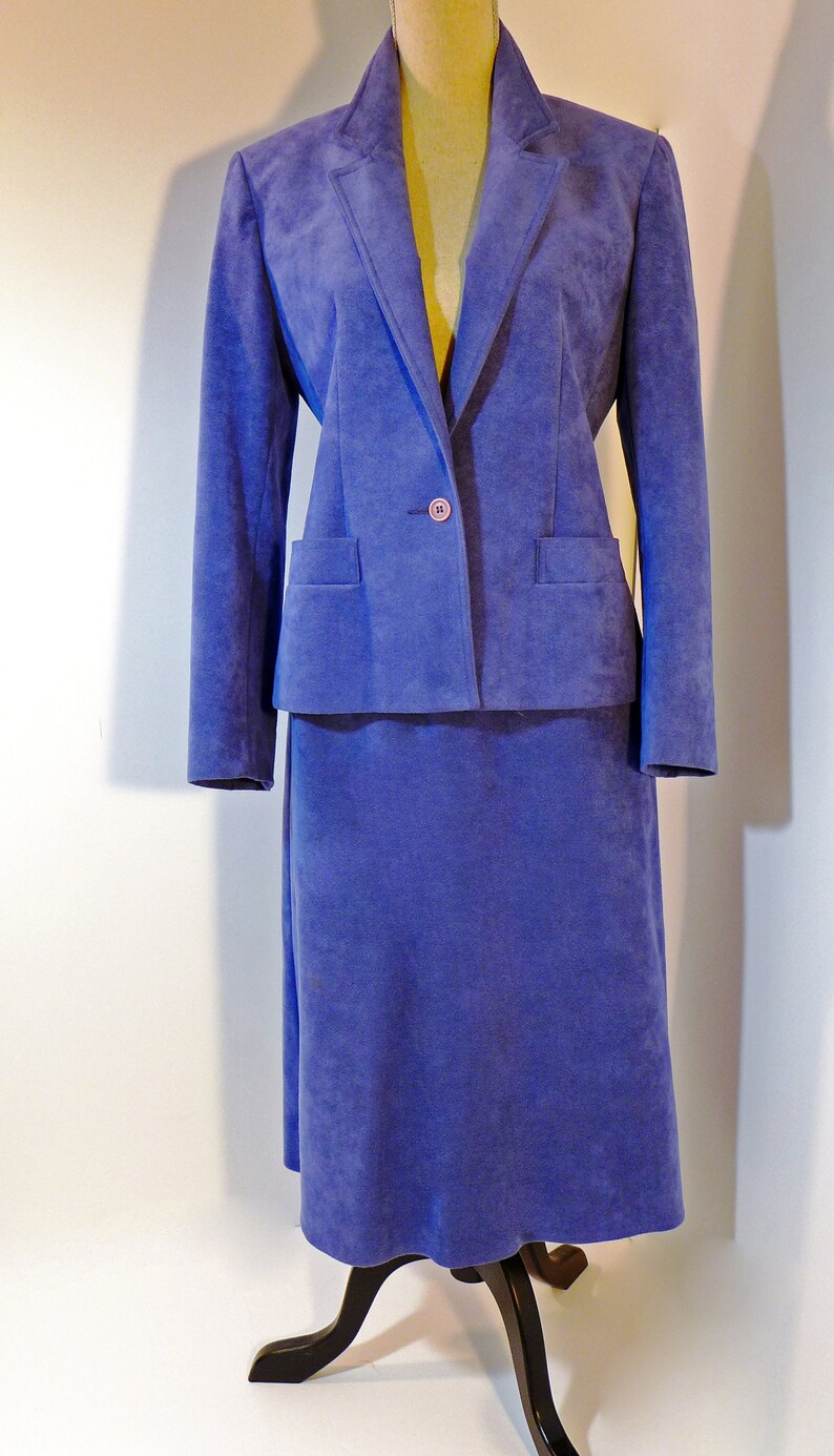 70s 80s Periwinkle ULTRA SUEDE 2-pc Woman's Skirt Suit, Animal Friendly Vegan Blue Suede Suit, Secretary Pinup Flight Attendant image 3