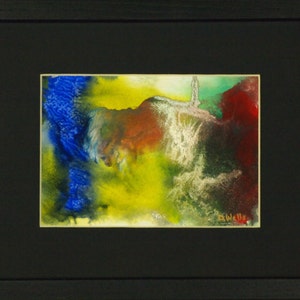 May include: Abstract watercolor painting with a mix of blue, yellow, green, and red colors. The painting has a textured, layered look, with areas of white and silver.
