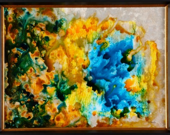 Blooming Turquoise -- Abstract Acrylic & Ink Mixed Media on Tile 18x24 in. Framed