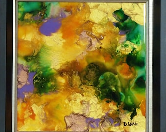 Fifth Dimensional Energy -- Abstract Acrylic & Ink Mixed Media on Tile 8x8 in. Framed