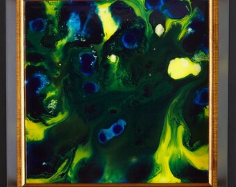 Pods Traveling -- Abstract Acrylic & Ink Mixed Media on Tile 8x8 in. Framed