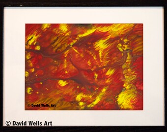 Spiral Fire -- Abstract Acrylic & Ink Mixed Media on Paper 7.5 x 11.5 in. Framed