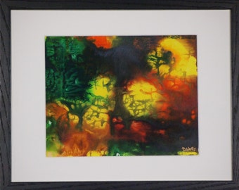 Sunrise on Planet with 4 Suns -- Abstract Acrylic & Ink Mixed Media on Paper 8x10 in. Framed