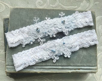 White Lace Wedding Garter Set with Blue Pearls, Something Blue Bridal Garter, Beaded Garter, Lace Garter Belt, Garters, Bridal Shower Gift