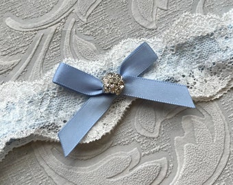 Something Blue Wedding Garter, Off White & Dusty Blue Bridal Garter, Wedding Garter with Blue Bow, Lace Garters, Toss Garter with Crystals