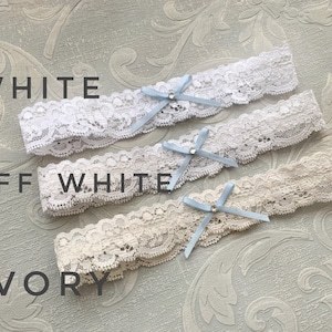 Sweet & Simple Blue Lace Wedding Garter, Bridal Toss Garter with Bow and Crystal image 4