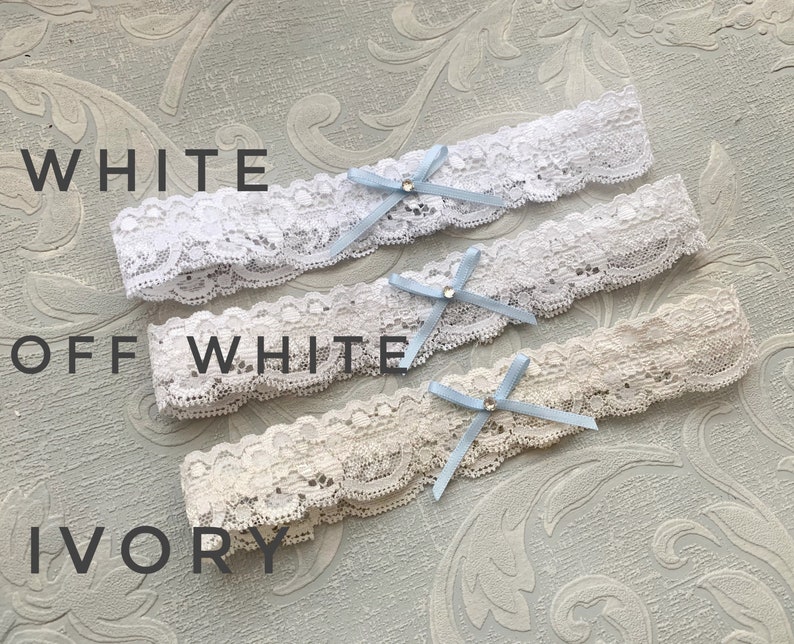 Sweet & Simple Blue Lace Wedding Garter, Bridal Toss Garter with Bow and Crystal image 4