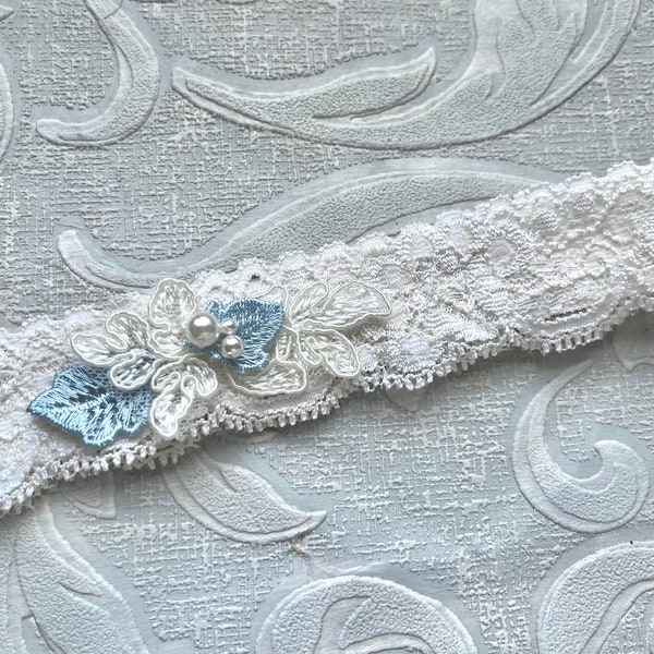 Ivory and Blue Wedding Garter, Something Blue Garter, Simple Bridal Garter, Lace Wedding Garter, Toss Garter, Minimal Garter