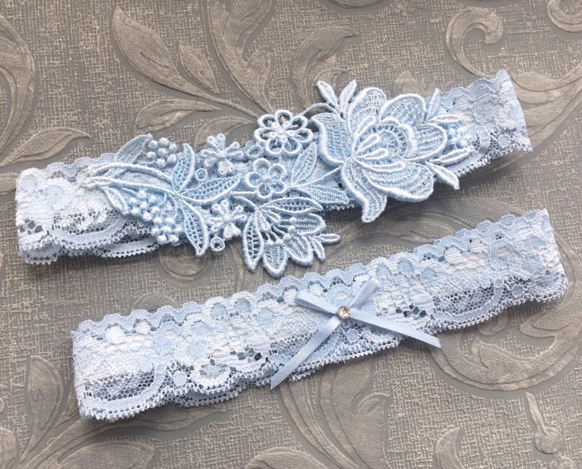 Blue Lace Wedding Garter Set Blue Garter Set Lace Garter image 1