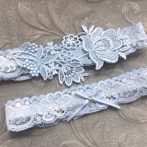 Blue Lace Wedding Garter Set, Blue Garter Set, Lace Garter, Toss Garter, Simple Lace Garters, Blue Bridal Garter Set - "Flora"