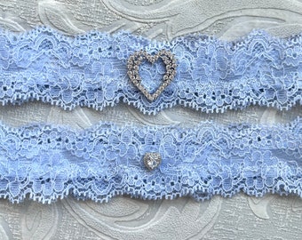 Blue Wedding Garter Set with Crystal Heart, Blue Bridal Garter Set, Blue Lace Garter, Lace Garters, Simple Garter, Garter Belt, Garters