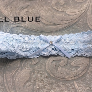 Sweet & Simple Blue Lace Wedding Garter, Bridal Toss Garter with Bow and Crystal image 3