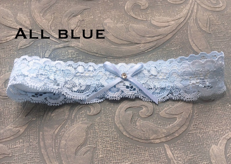 Sweet & Simple Blue Lace Wedding Garter, Bridal Toss Garter with Bow and Crystal image 3