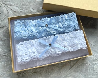 Pair of Wedding Garters in Blue and White, Blue Bridal Garter, Blue Lace Wedding Garter, Lace Garters, Sweet & Simple Garter with Crystal
