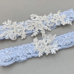 Blue Wedding Garter Set, Boho Garter Set, Something Blue Lace Garter Set with Beading, Blue Garters, Boho Bridal Garters, Beaded Garter Set