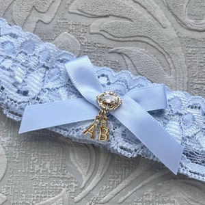 Something Blue Wedding Garter with Gold Initials, Personalized Bridal Garter, Lace Garter, Blue Garter, Toss Garter, Gold Initial Garter