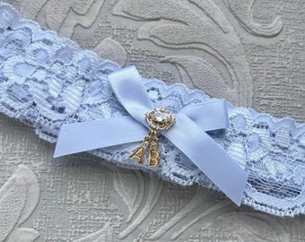 Something Blue Wedding Garter with Gold Initials, Personalized Bridal Garter, Lace Garter, Blue Garter, Toss Garter, Gold Initial Garter