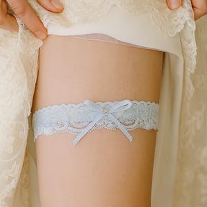 Sweet & Simple Blue Lace Wedding Garter, Bridal Toss Garter with Bow and Crystal image 2