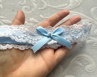 Off White or Ivory Lace Wedding Garter, Light Blue Bow with Pearl, Something Blue