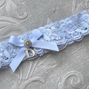 Something Blue Wedding Garter, Personalized Bridal Garter, Lace Garter, Custom Garter with Letter, Silver Initial Garter, Blue