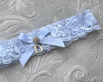 Something Blue Wedding Garter, Personalized Bridal Garter, Lace Garter, Custom Garter with Letter, Silver Initial Garter, Blue