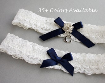 Navy Blue Wedding Garter SET, Navy Blue, Personalized Bridal Garter Set, Lace Garter Set, Navy Blue Garter with Toss Garter, Silver Initial