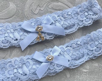 Something Blue Wedding Garters with Gold Initials, Personalized Bridal Garter Set, Lace Garter Set, Garter, Toss Garter, Gold Initial Garter