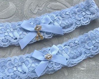 Something Blue Wedding Garters with Gold Initials, Personalized Bridal Garter Set, Lace Garter Set, Garter, Toss Garter, Gold Initial Garter