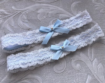 Something Blue Wedding Garter SET, Off White & Blue Bridal Garter SET, Wedding Garters with Blue Bow, Simple Toss Garter with Pearl, Garters