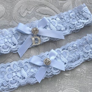 Something Blue Wedding Garter SET, Personalized Bridal Garter Set, Lace Garter Set, Custom Garter with Toss Garter, Silver Initial Garter