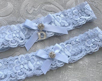 Something Blue Wedding Garter SET, Personalized Bridal Garter Set, Lace Garter Set, Custom Garter with Toss Garter, Silver Initial Garter