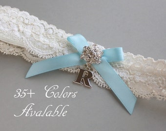 Personalized Garter, Something Blue Lace Wedding Garter, Lace Garter, Light Blue Bow, Garter with Silver Initial - Ivory White or Off White