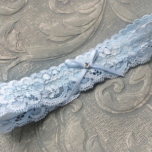Sweet & Simple Blue Lace Wedding Garter, Bridal Toss Garter with Bow and Crystal image 5