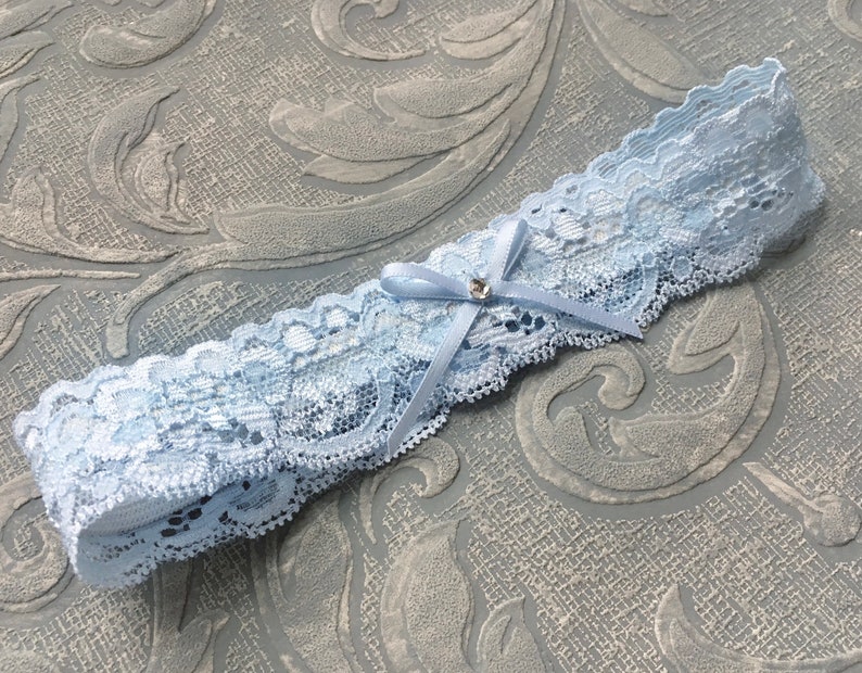Sweet & Simple Blue Lace Wedding Garter, Bridal Toss Garter with Bow and Crystal image 5