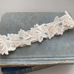 Lace Wedding Garter with Blue Pearls, Something Blue Bridal Garter, Beaded Garter, Lace Garter Belt, Garters, Bridal Shower Gift - "Brynn"