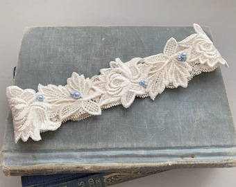 Lace Wedding Garter with Blue Pearls, Something Blue Bridal Garter, Beaded Garter, Lace Garter Belt, Garters, Bridal Shower Gift - "Brynn"