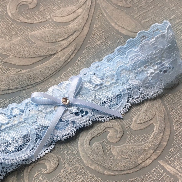 Sweet & Simple Blue Lace Wedding Garter, Bridal Toss Garter with Bow and Crystal