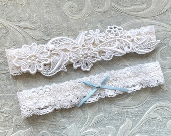 Off White Lace Wedding Garter Set, Something Blue Garter, Blue Bow, Off White Garter Set, Lace Garter, Toss Garter, Simple Lace Garters