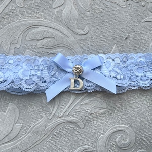 Something Blue Wedding Garter, Personalized Bridal Garter, Lace Garter, Custom Garter with Letter, Silver Initial Garter, Blue image 2