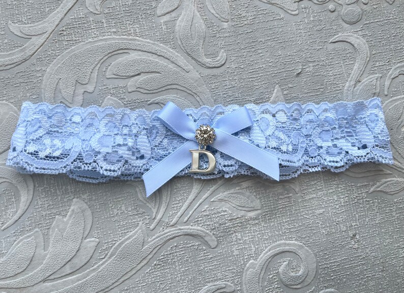 Something Blue Wedding Garter, Personalized Bridal Garter, Lace Garter, Custom Garter with Letter, Silver Initial Garter, Blue image 2