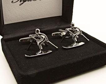Skis and Ski Poles Skiing/Skiers Cufflinks & Engraved Gift Box